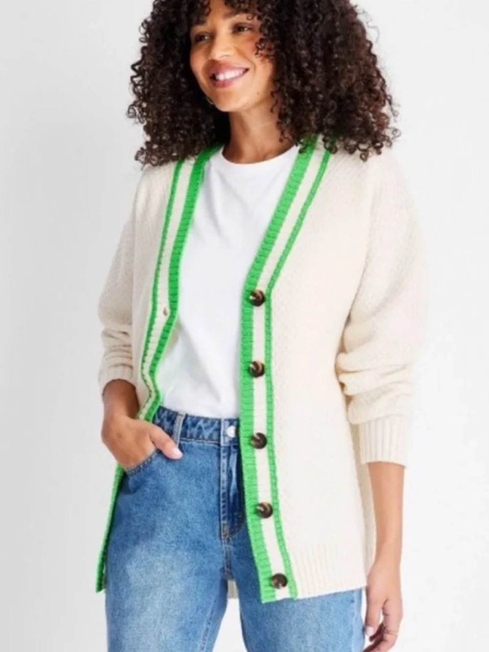 Future Collective Preppy Varsity Cardigan - Cream/Green